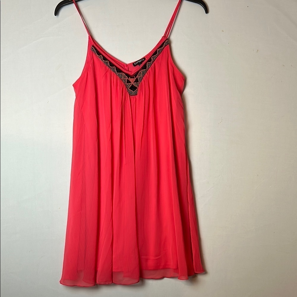 Express Women’s  Pink Swing Slip Mini Beaded Dress Gauzy Spaghetti Straps Sz M - Picture 3 of 11